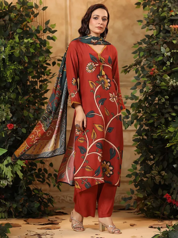 Brown printed casual silk kurti set