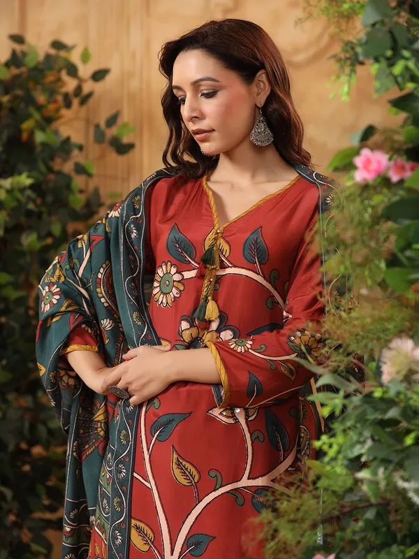 Brown printed casual silk kurti set