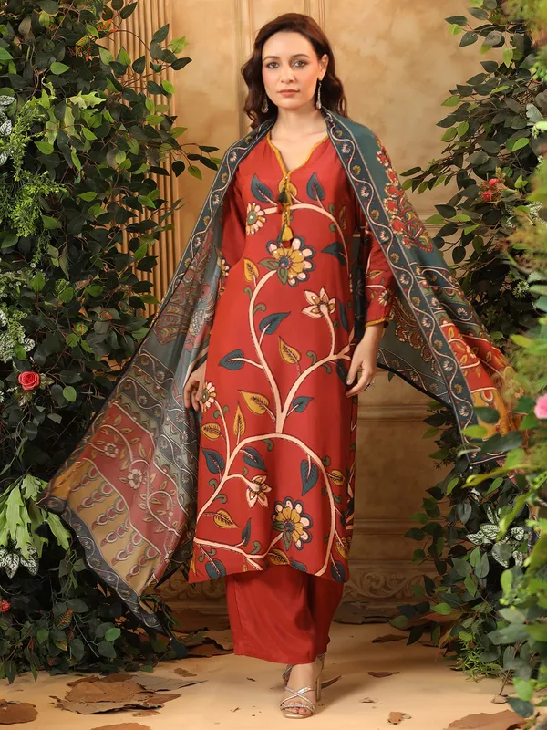 Brown printed casual silk kurti set