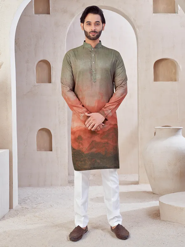 Brown printed cotton kurta suit for festive wear