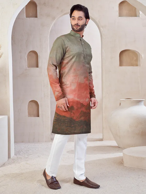 Brown printed cotton kurta suit for festive wear
