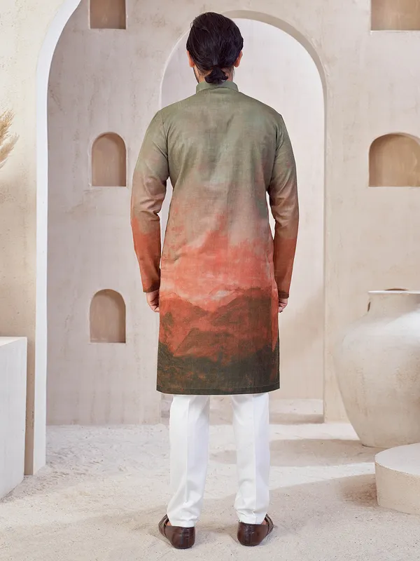 Brown printed cotton kurta suit for festive wear