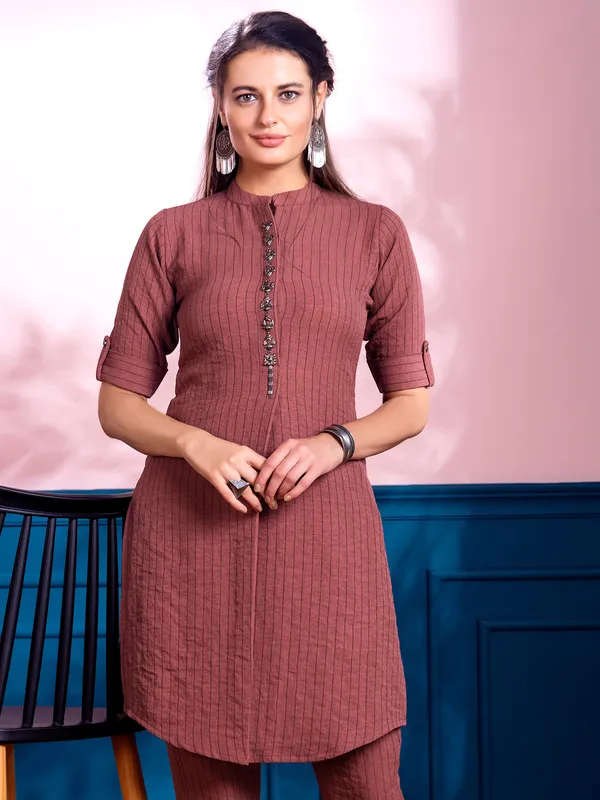 Brown printed cotton silk co ord set