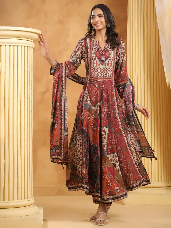 Brown printed cotton silk kurti set