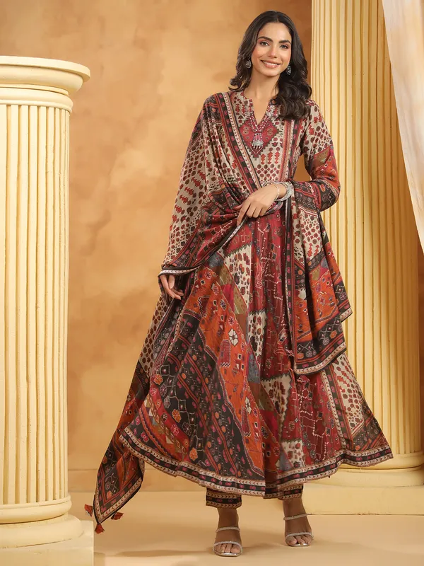 Brown printed cotton silk kurti set