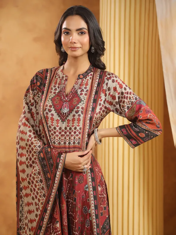 Brown printed cotton silk kurti set