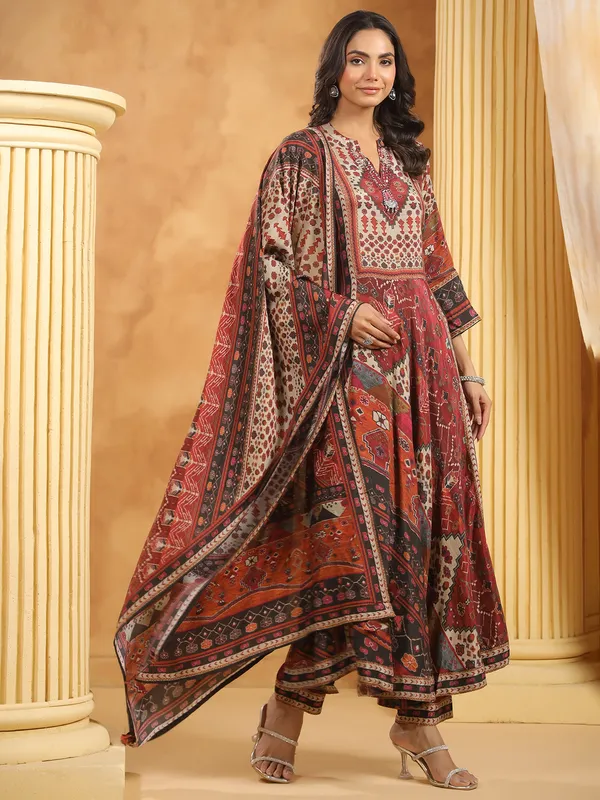 Brown printed cotton silk kurti set