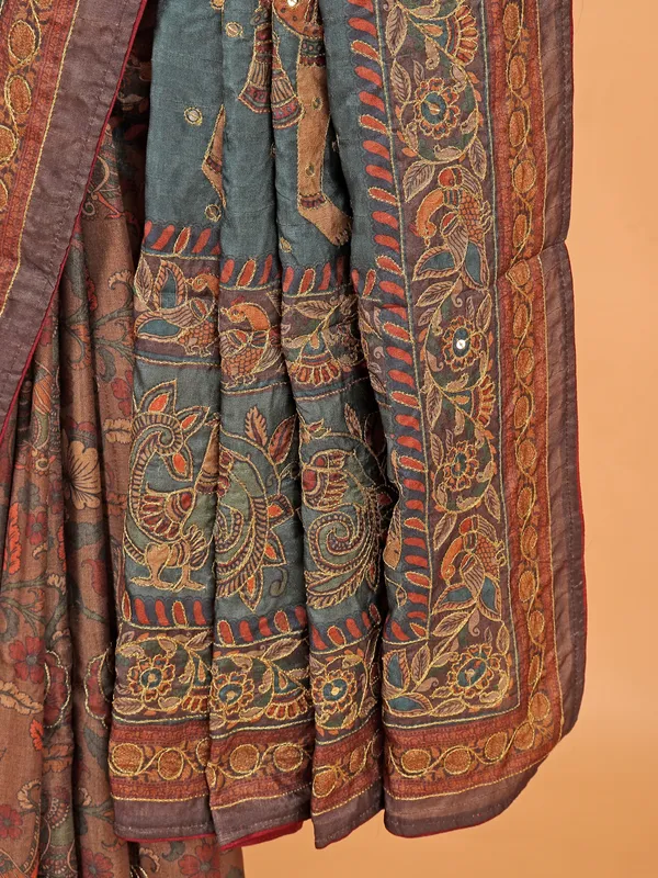 Brown printed cotton silk saree for festive