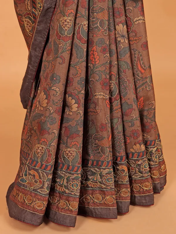 Brown printed cotton silk saree for festive