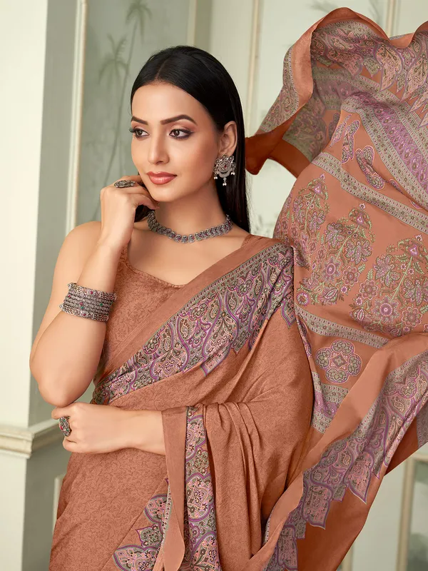 Brown printed crepe saree for casual