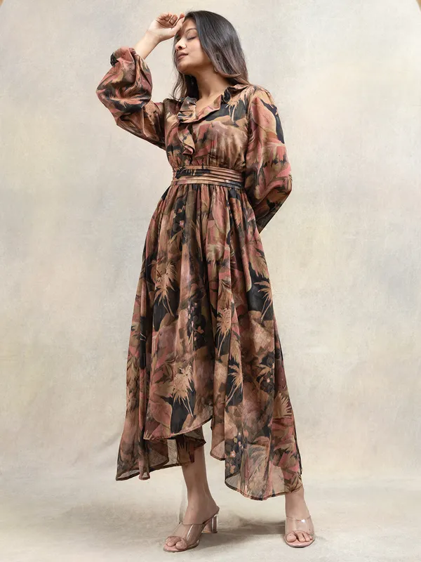Brown printed designer dress in georgette for women