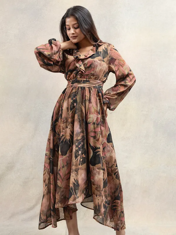 Brown printed designer dress in georgette for women