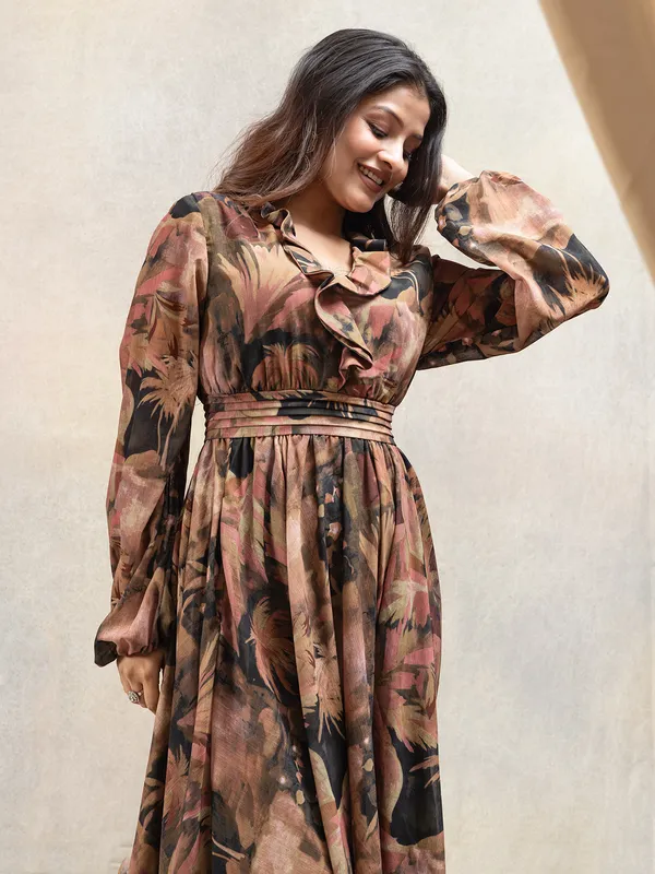 Brown printed designer dress in georgette for women
