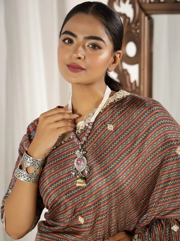 Brown printed festive style muslin saree
