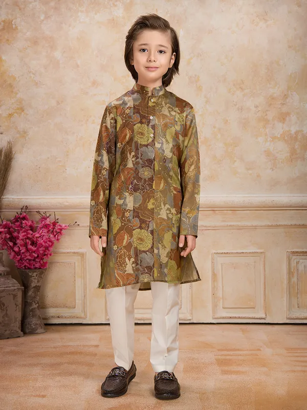 Brown printed festive wear cotton silk kurta suit