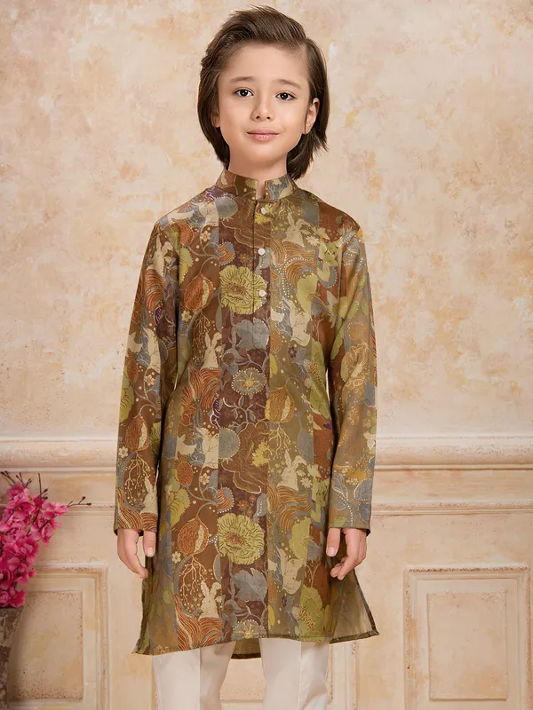 Brown printed festive wear cotton silk kurta suit