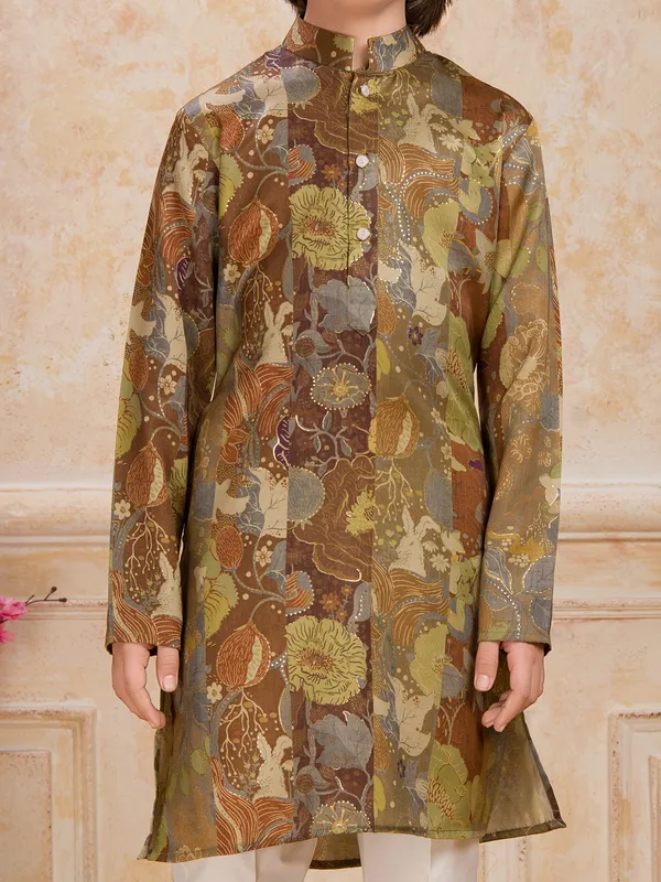 Brown printed festive wear cotton silk kurta suit