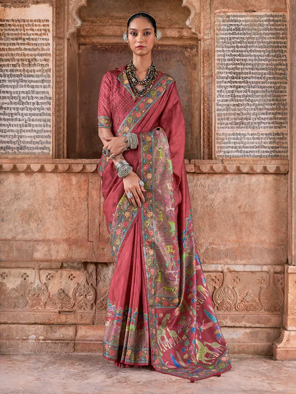 Brown printed festive wear silk saree