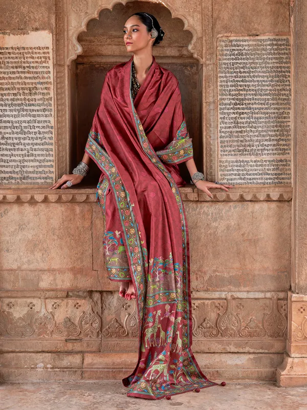 Brown printed festive wear silk saree
