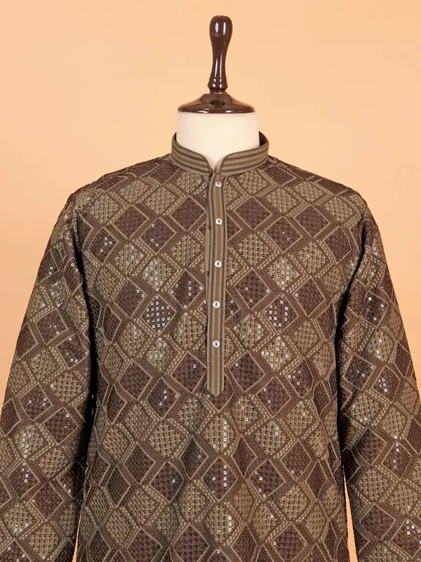 Brown printed kurta suit in heavy work for men