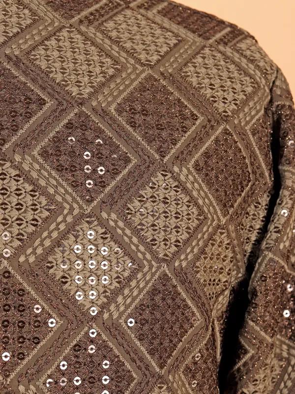 Brown printed kurta suit in heavy work for men