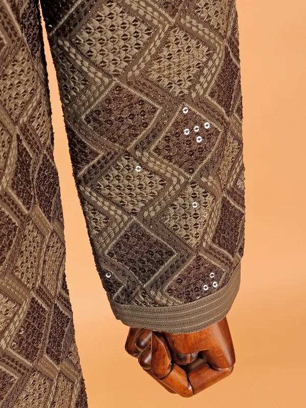 Brown printed kurta suit in heavy work for men