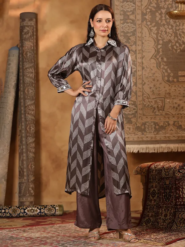 Brown printed kurti set in satin silk