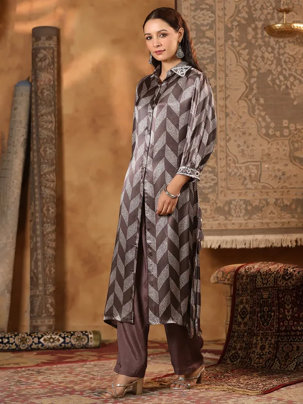 Brown printed kurti set in satin silk