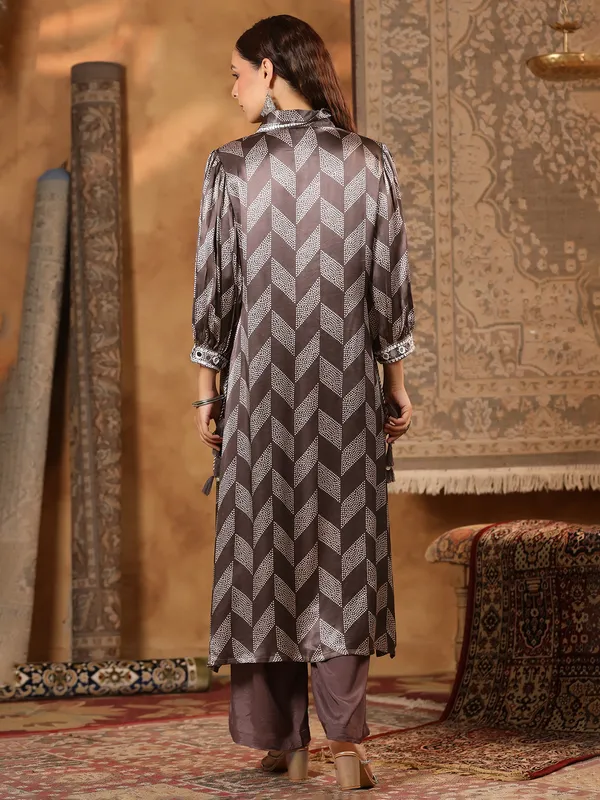 Brown printed kurti set in satin silk