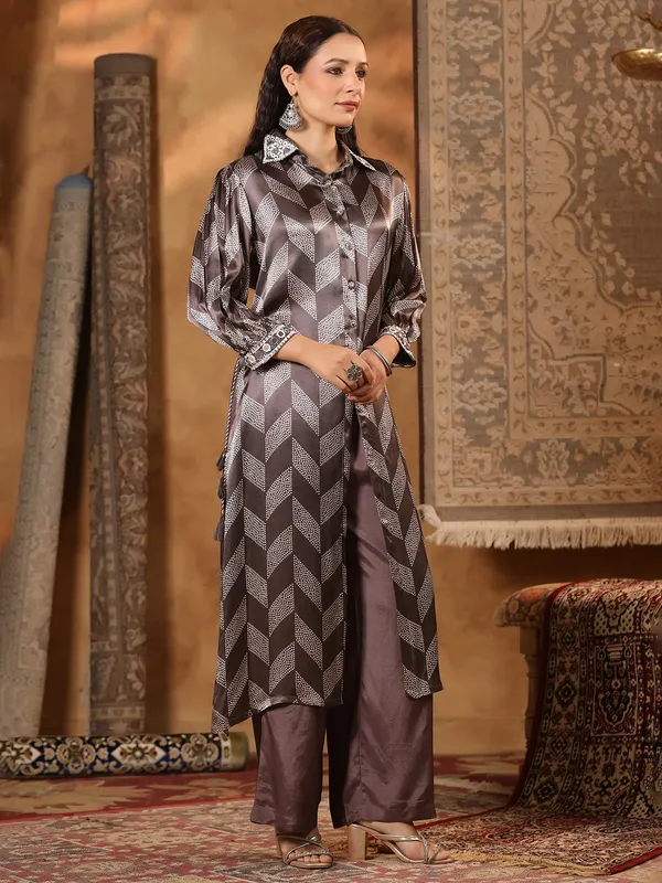 Brown printed kurti set in satin silk
