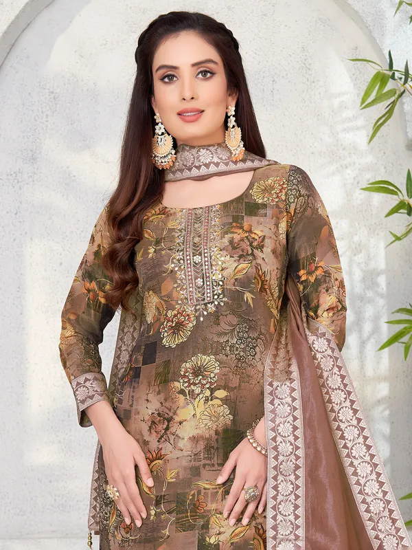 Brown printed salwar suit for women