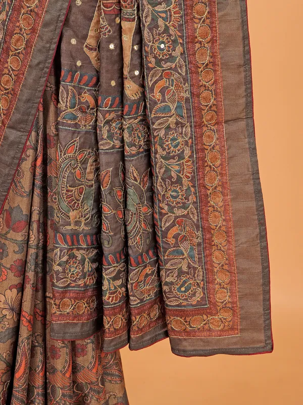 Brown printed saree in cotton silk