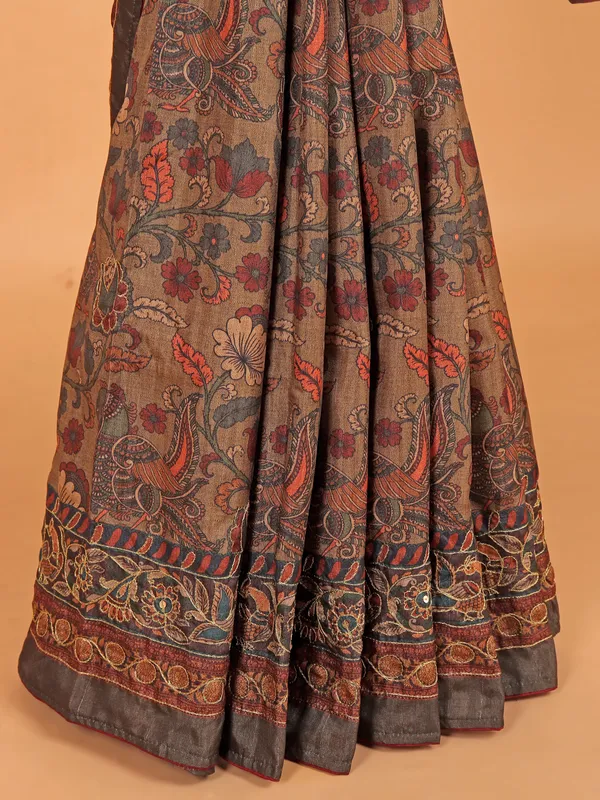Brown printed saree in cotton silk