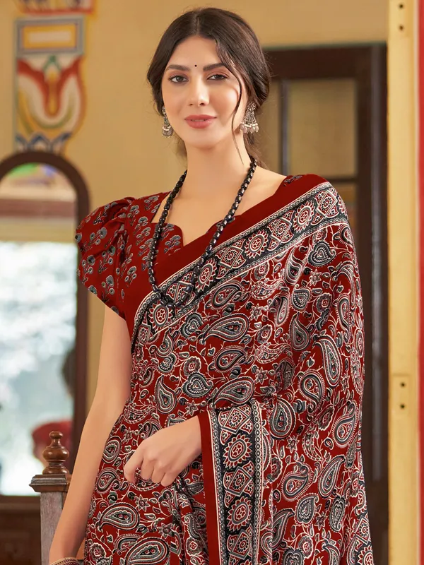 Brown printed saree in japan silk