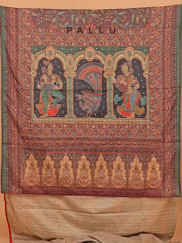 Brown printed saree in semi cotton silk