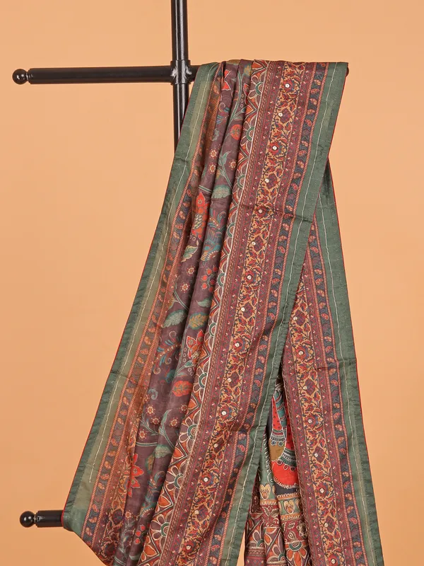 Brown printed saree in semi cotton silk