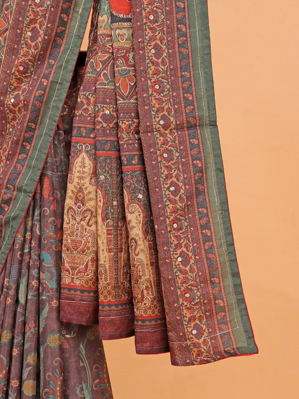 Brown printed saree in semi cotton silk