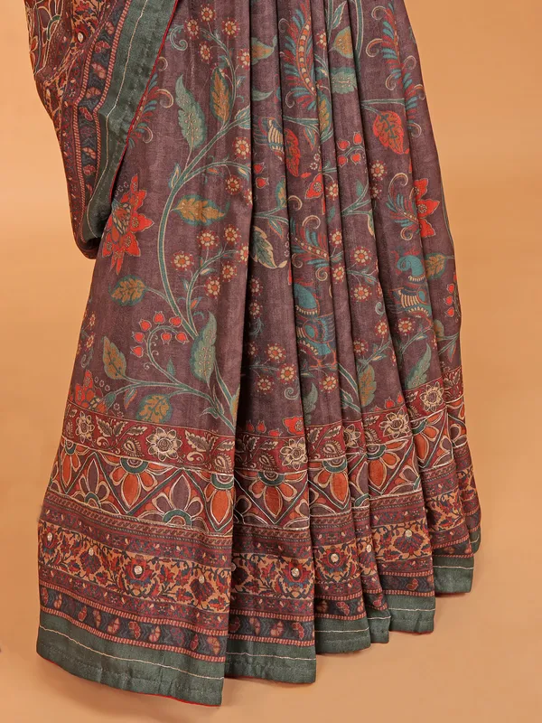 Brown printed saree in semi cotton silk