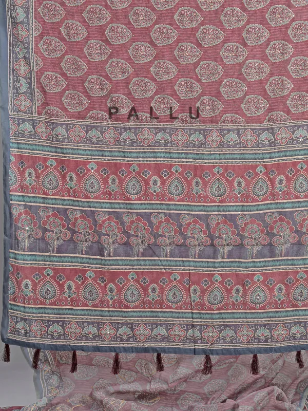Brown printed semi cotton saree with thread accents