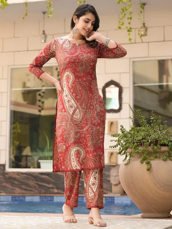 Brown printed silk kurti set for women