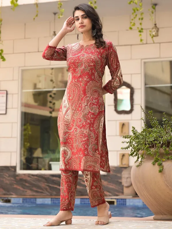 Brown printed silk kurti set for women
