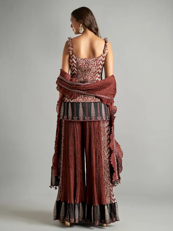 Brown printed silk palazzo suit for festive wear