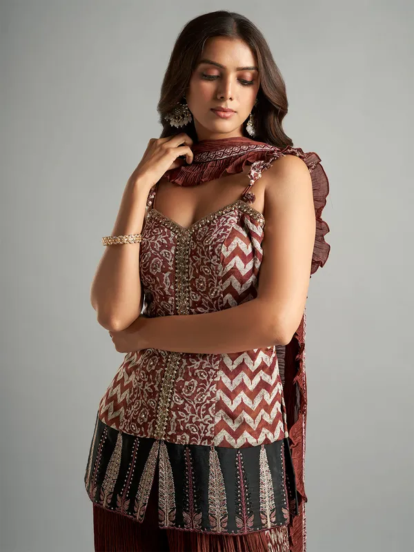 Brown printed silk palazzo suit for festive wear