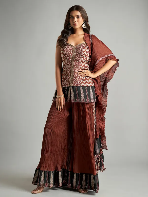 Brown printed silk palazzo suit for festive wear