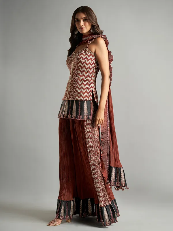 Brown printed silk palazzo suit for festive wear