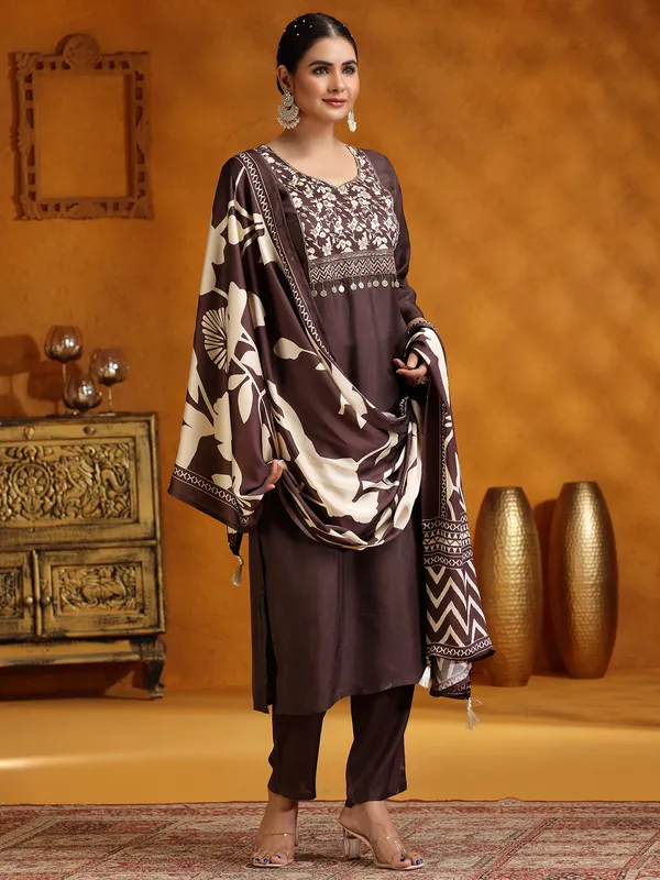 Brown printed silk salwar suit for women
