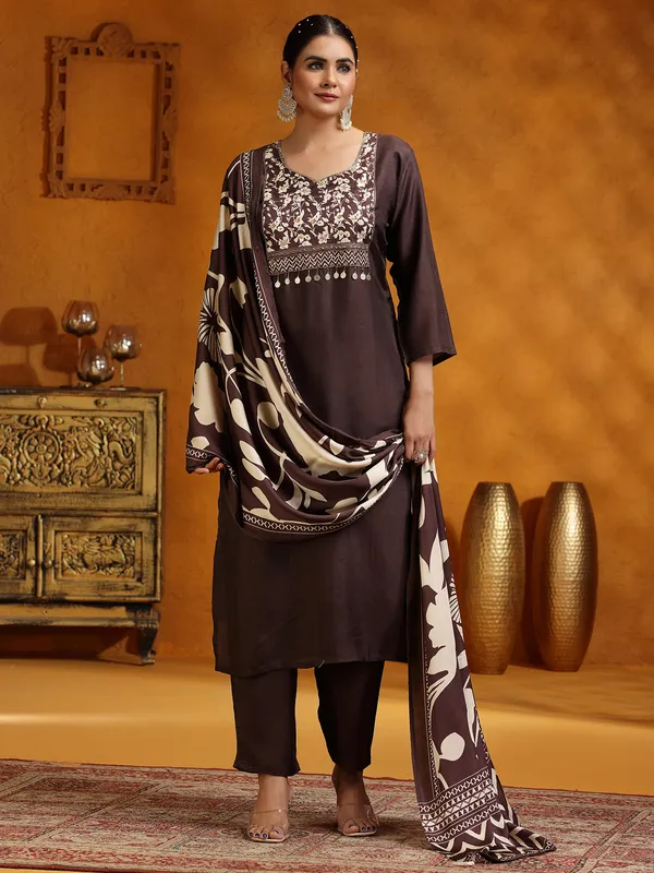 Brown printed silk salwar suit for women