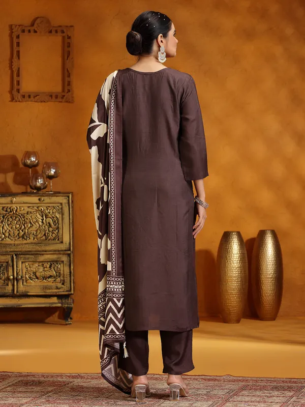 Brown printed silk salwar suit for women
