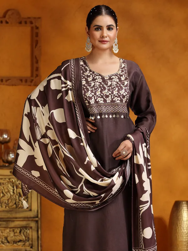 Brown printed silk salwar suit for women