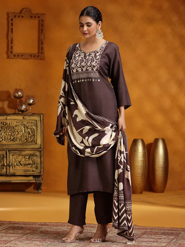 Brown printed silk salwar suit for women